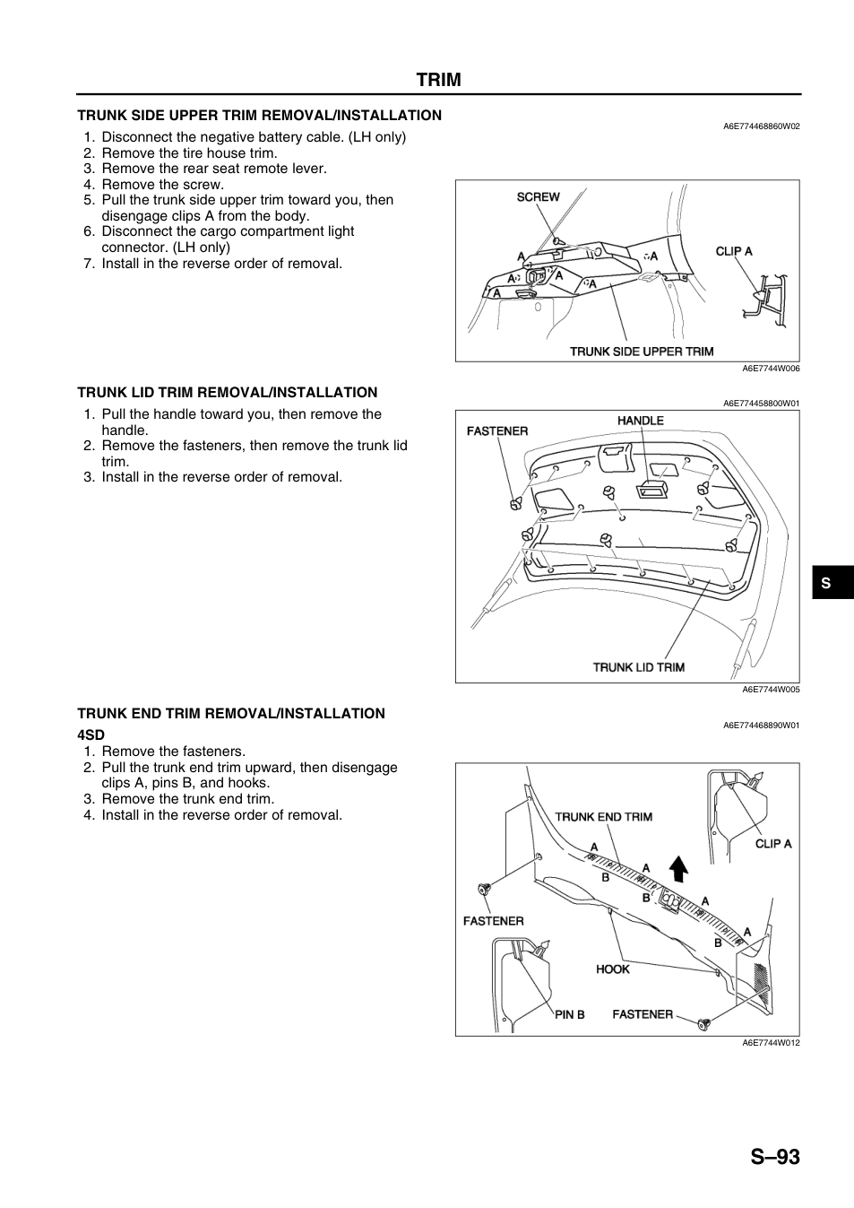 Страница руководства Mazda: Средний раздел TRUNK LID TRIM: ручка и крепления на внутренней стороне крышки седана